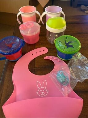 Unbranded Pink Silicone Baby Bib with Pink & Green Feeding Cups Set